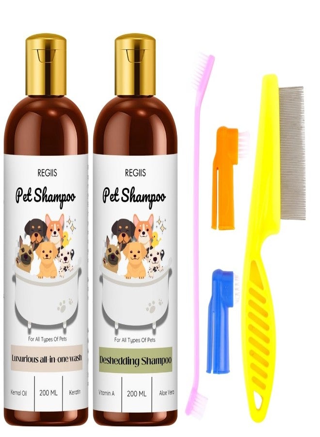 REGIIS Pet Shampoo Set with Grooming Tools, All-in-One Wash and Deshedding Formula, 200 ML, 2 Pack with Comb and Brushes for Dogs(4 Pack) - Image 1